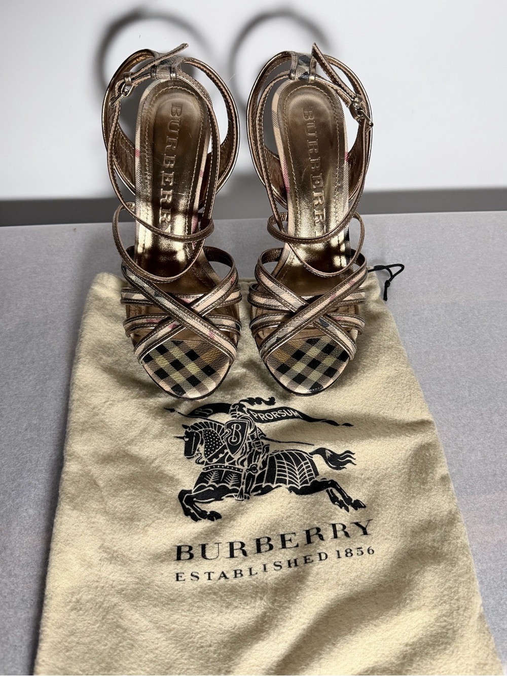 Burberry Rose Gold Strappy Heeled Sandals with Nova Check & Dust Bag 39 1/2